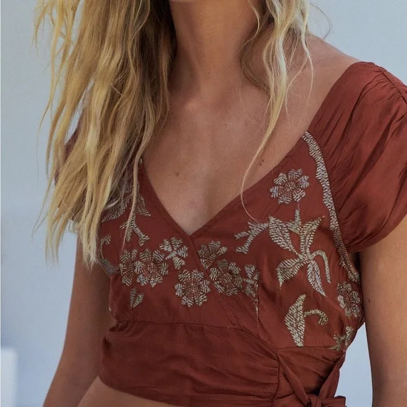 Free People Sahara Embroidered Wrap Crop Top - Rust - Size Small - Picture 3 of 15
